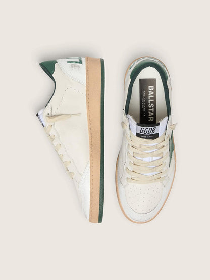 Golden Goose Womens Ball Star Wishes In White Nappa Leather With Green Leather Star And Heel Tab Womens