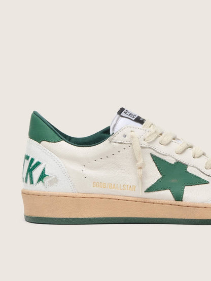 Golden Goose Womens Ball Star Wishes In White Nappa Leather With Green Leather Star And Heel Tab Womens