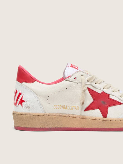 Golden Goose Womens Ball Star Wishes In White Leather With A Red Star And Heel Tab Womens