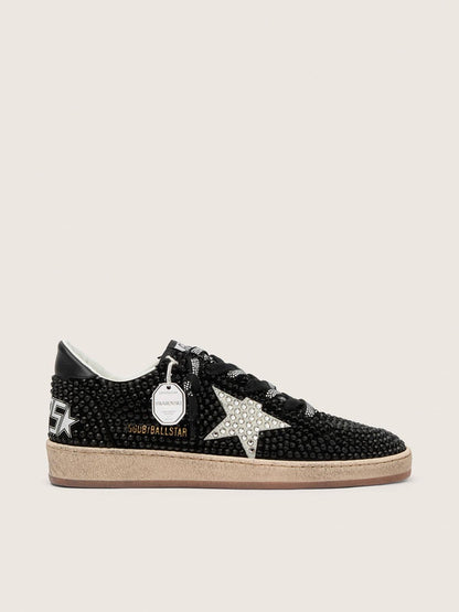 Golden Goose Ball Star In Black Suede With White Star And Swarovski Crystals Womens