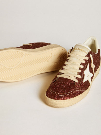 Golden Goose Ball Star In Burgundy Glitter With White Leather Star And Heel Tab Womens