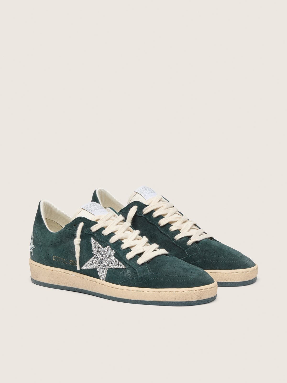 Golden Goose Womens Ball Star In Green Suede With Silver Glitter Star Womens