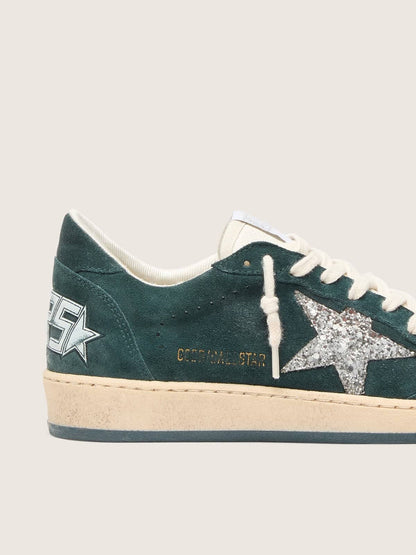 Golden Goose Womens Ball Star In Green Suede With Silver Glitter Star Womens
