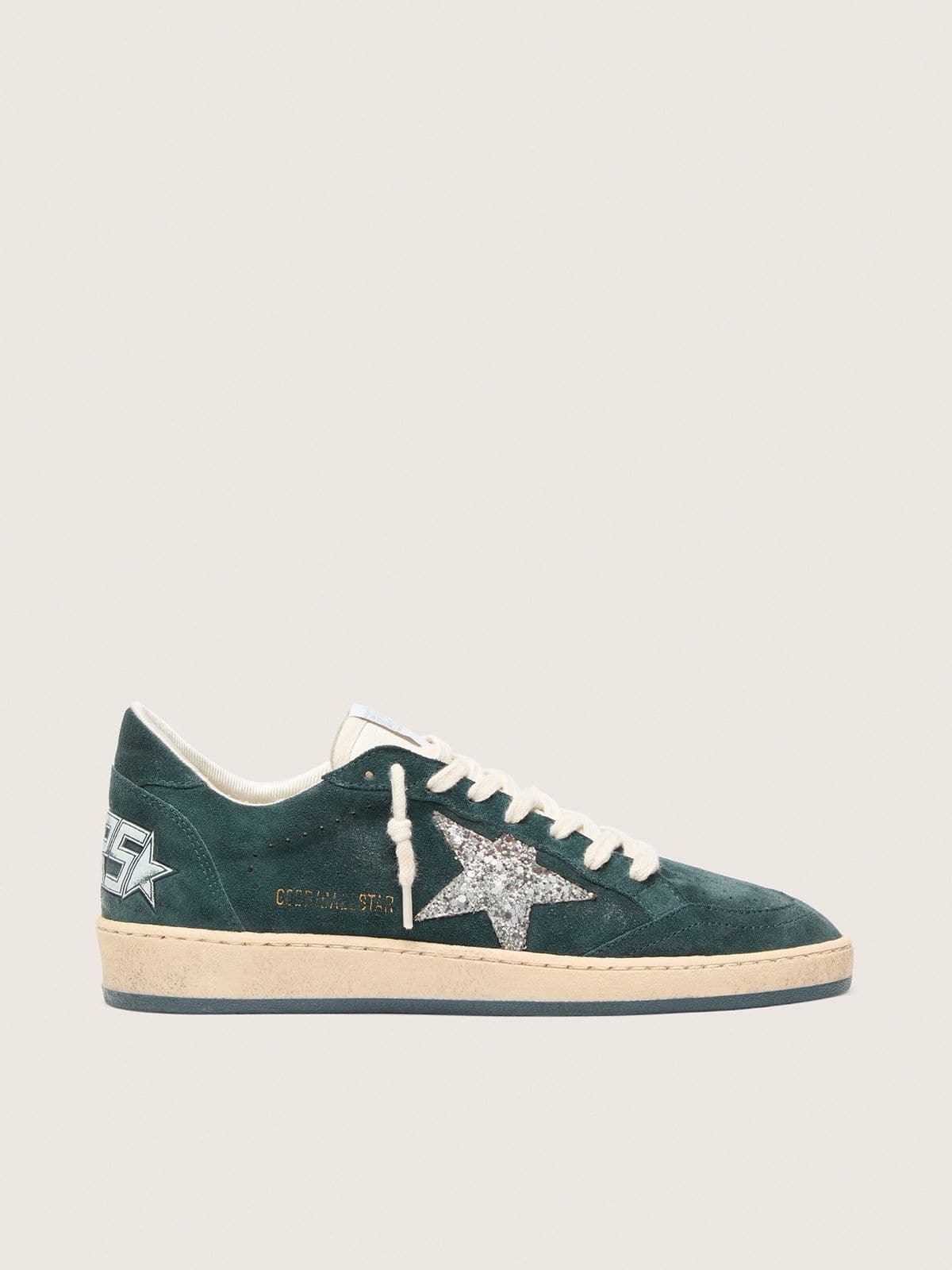 Golden Goose Womens Ball Star In Green Suede With Silver Glitter Star Womens