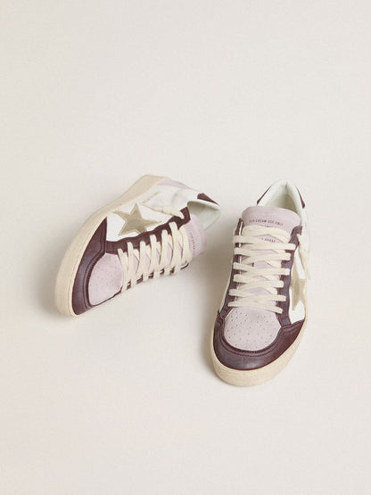 Golden Goose Womens Ball Star Ltd In Nappa With Platinum Foiled Leather Star And Burgundy Nubuck Leather Heel Tab Womens