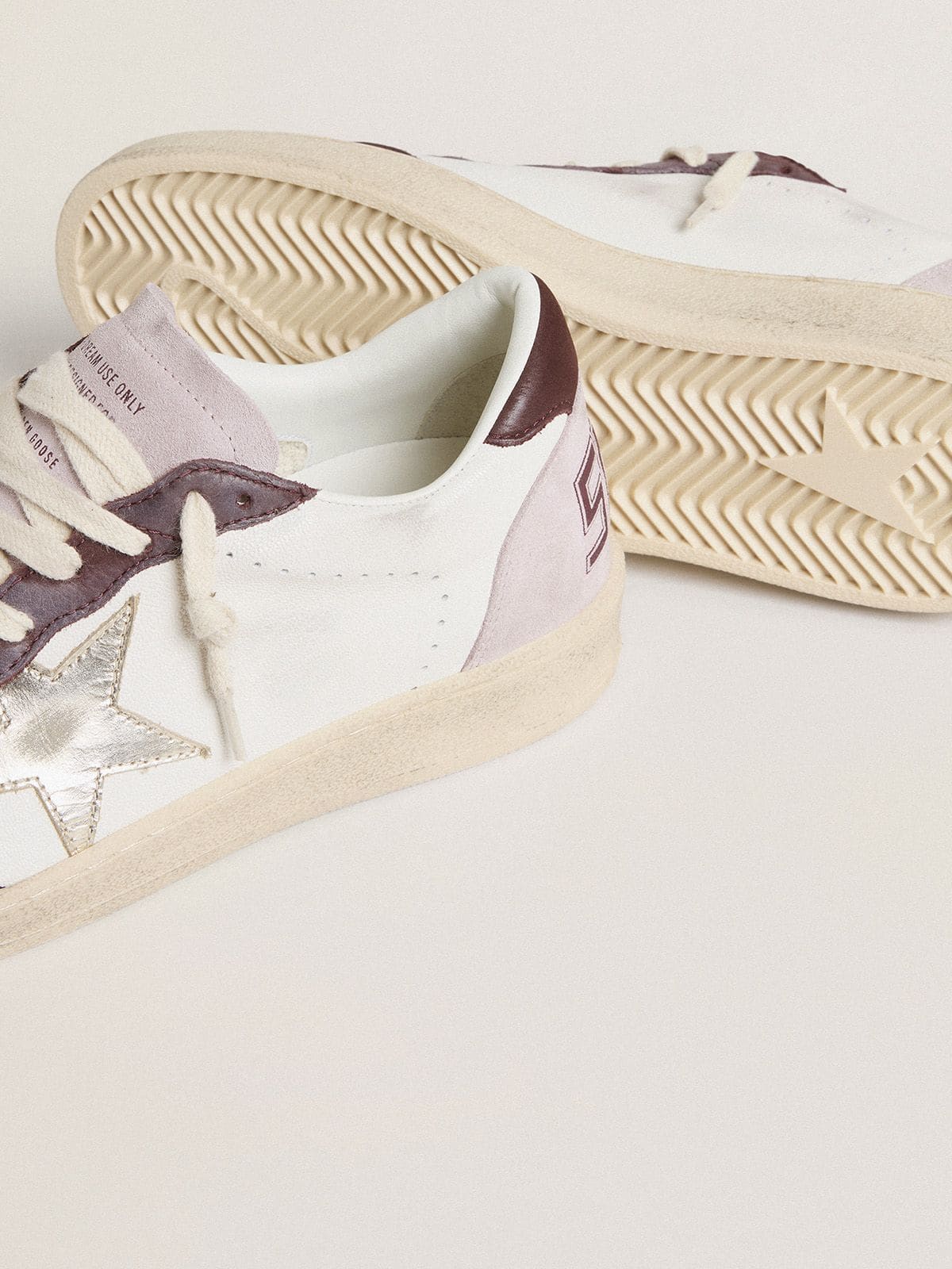 Golden Goose Womens Ball Star Ltd In Nappa With Platinum Foiled Leather Star And Burgundy Nubuck Leather Heel Tab Womens
