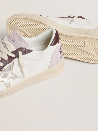 Golden Goose Womens Ball Star Ltd In Nappa With Platinum Foiled Leather Star And Burgundy Nubuck Leather Heel Tab Womens