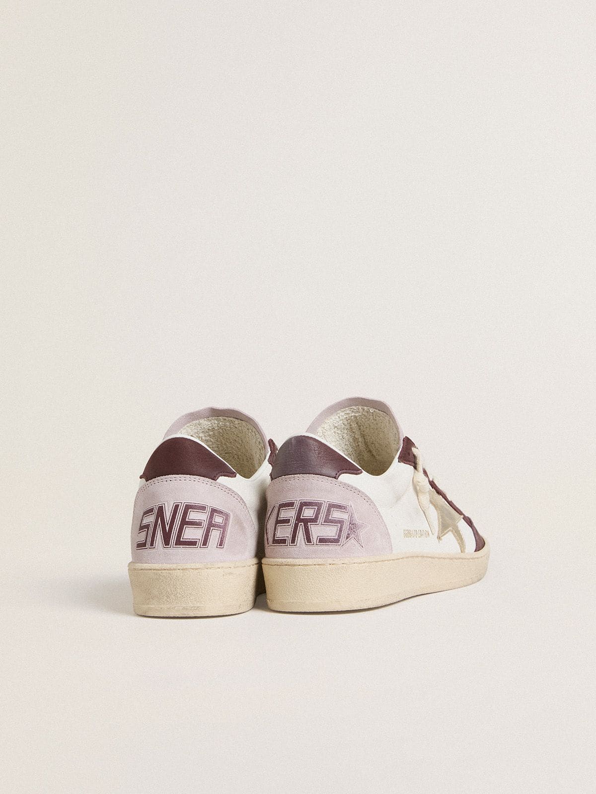 Golden Goose Womens Ball Star Ltd In Nappa With Platinum Foiled Leather Star And Burgundy Nubuck Leather Heel Tab Womens