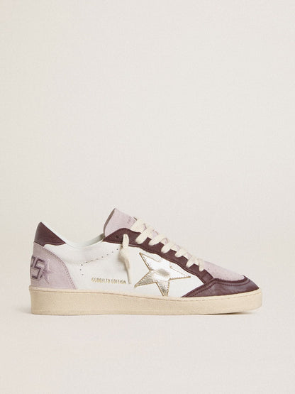 Golden Goose Womens Ball Star Ltd In Nappa With Platinum Foiled Leather Star And Burgundy Nubuck Leather Heel Tab Womens