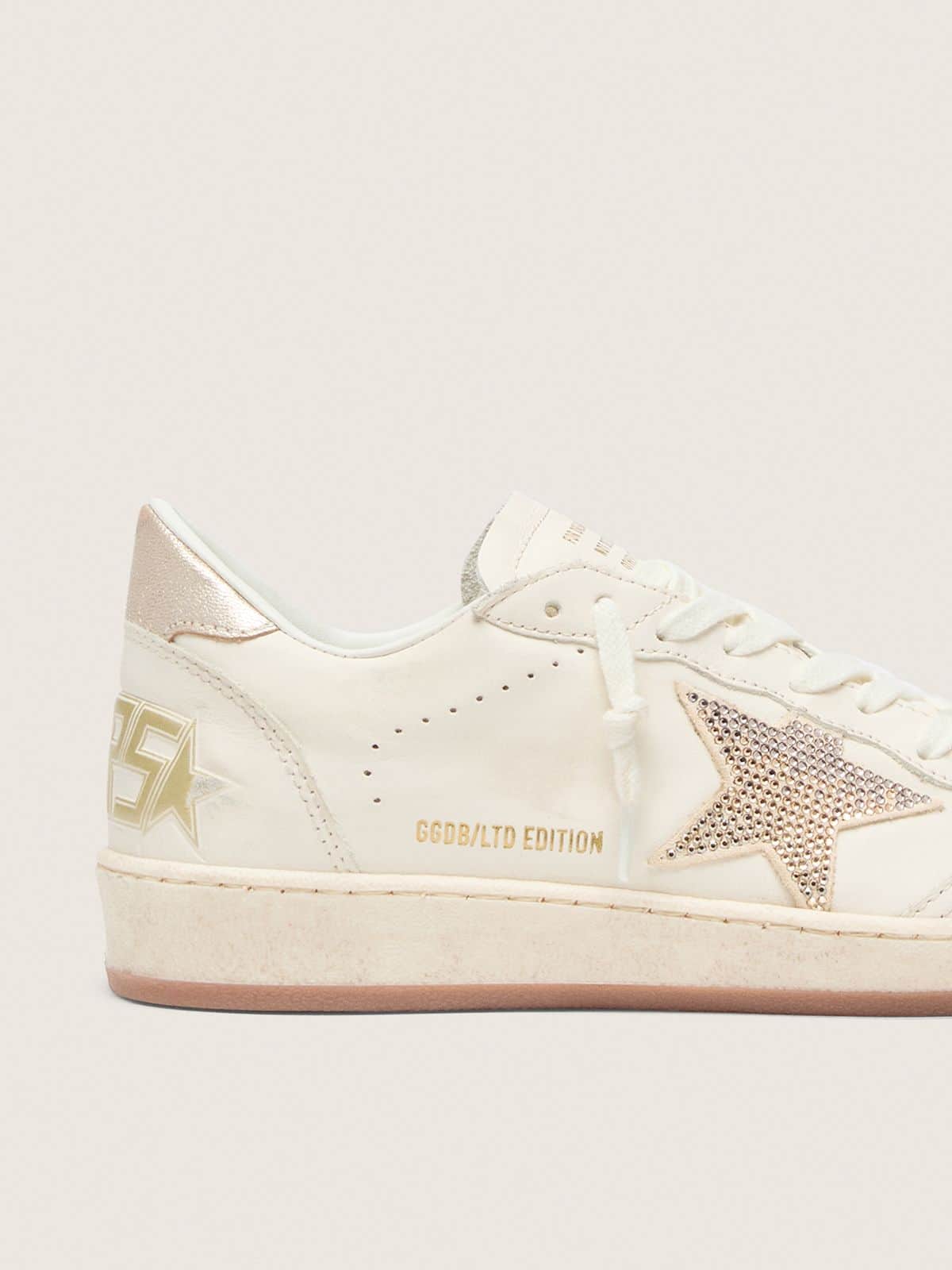 Golden Goose Womens Ball Star In White Leather With Crystal Star And Metallic Heel Tab Womens