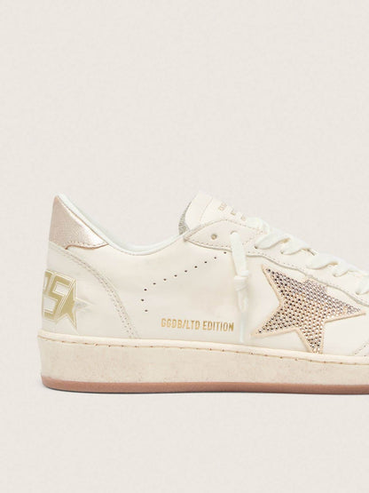 Golden Goose Womens Ball Star In White Leather With Crystal Star And Metallic Heel Tab Womens