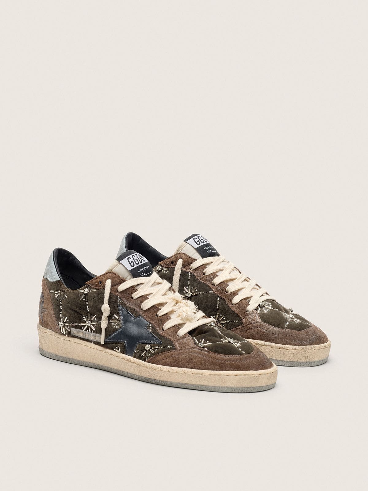 Golden Goose Womens Ball Star Lab In Brown Matelass Velvet With Rhinestones And Black Leather Star Womens
