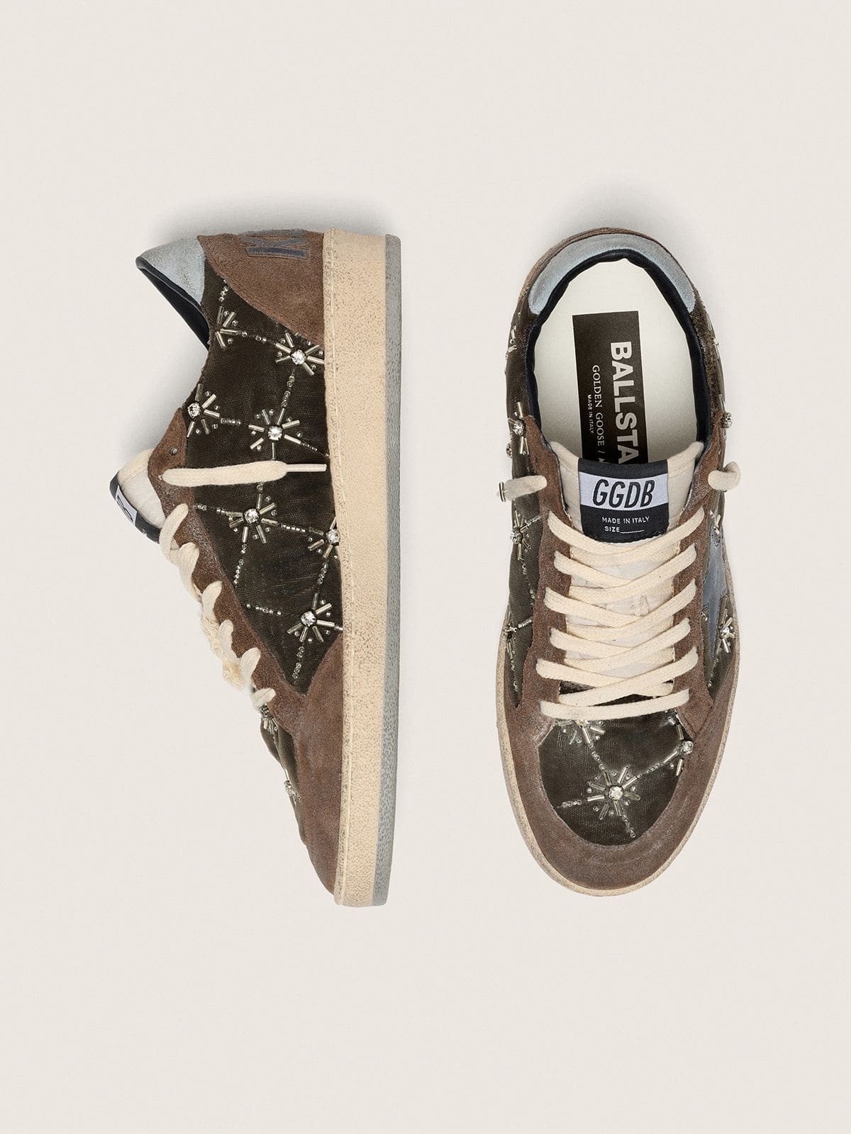 Golden Goose Womens Ball Star Lab In Brown Matelass Velvet With Rhinestones And Black Leather Star Womens