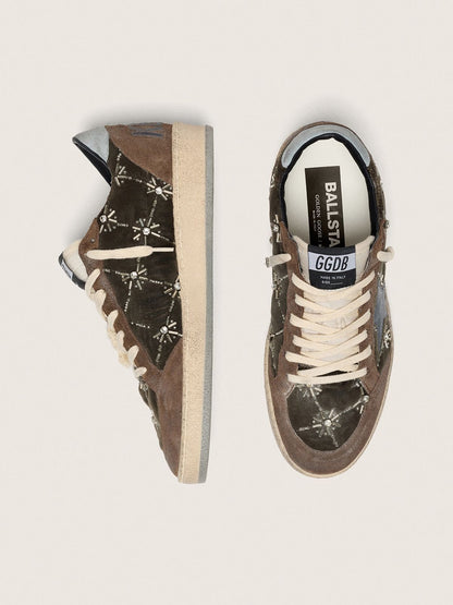 Golden Goose Womens Ball Star Lab In Brown Matelass Velvet With Rhinestones And Black Leather Star Womens