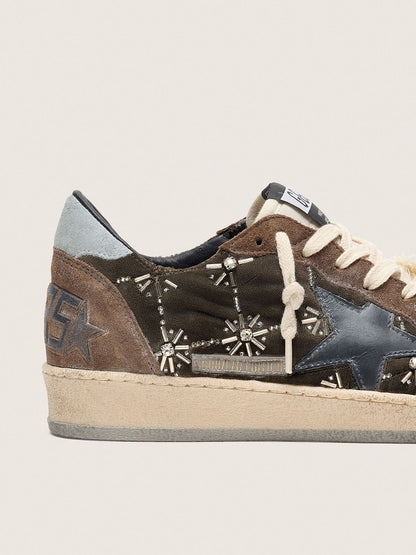 Golden Goose Womens Ball Star Lab In Brown Matelass Velvet With Rhinestones And Black Leather Star Womens