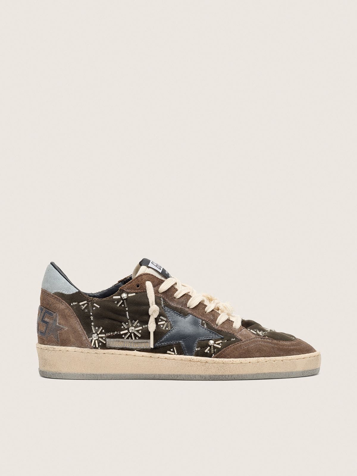 Golden Goose Womens Ball Star Lab In Brown Matelass Velvet With Rhinestones And Black Leather Star Womens