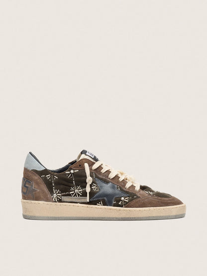 Golden Goose Womens Ball Star Lab In Brown Matelass Velvet With Rhinestones And Black Leather Star Womens