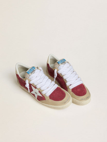 Golden Goose Womens Ball Star In Red Suede With White Crackle Suede Star And Platinum Leather Heel Tab Womens