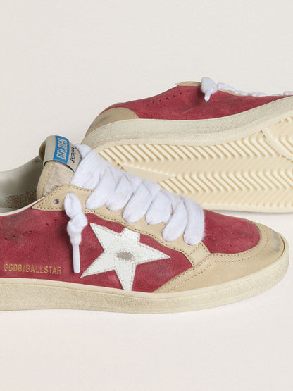 Golden Goose Womens Ball Star In Red Suede With White Crackle Suede Star And Platinum Leather Heel Tab Womens