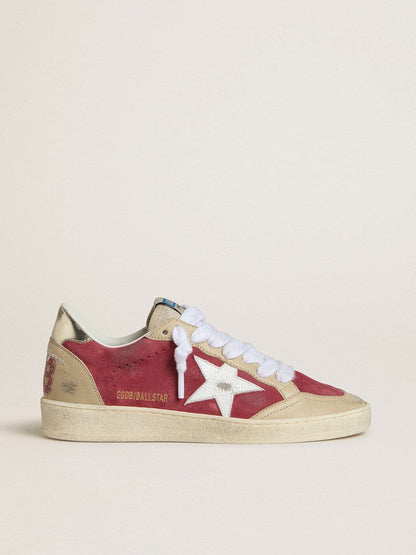 Golden Goose Womens Ball Star In Red Suede With White Crackle Suede Star And Platinum Leather Heel Tab Womens