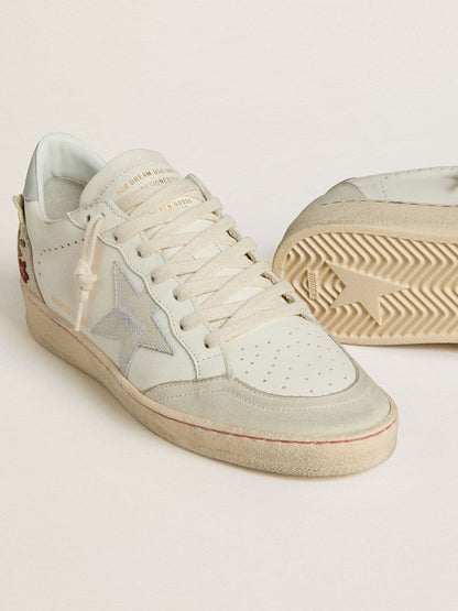 Golden Goose Womens Ball Star In Leather With Platinum Suede Star And Multicolor Floral Embroidery Womens