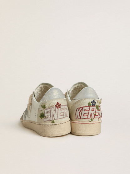 Golden Goose Womens Ball Star In Leather With Platinum Suede Star And Multicolor Floral Embroidery Womens