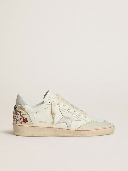 Golden Goose Womens Ball Star In Leather With Platinum Suede Star And Multicolor Floral Embroidery Womens