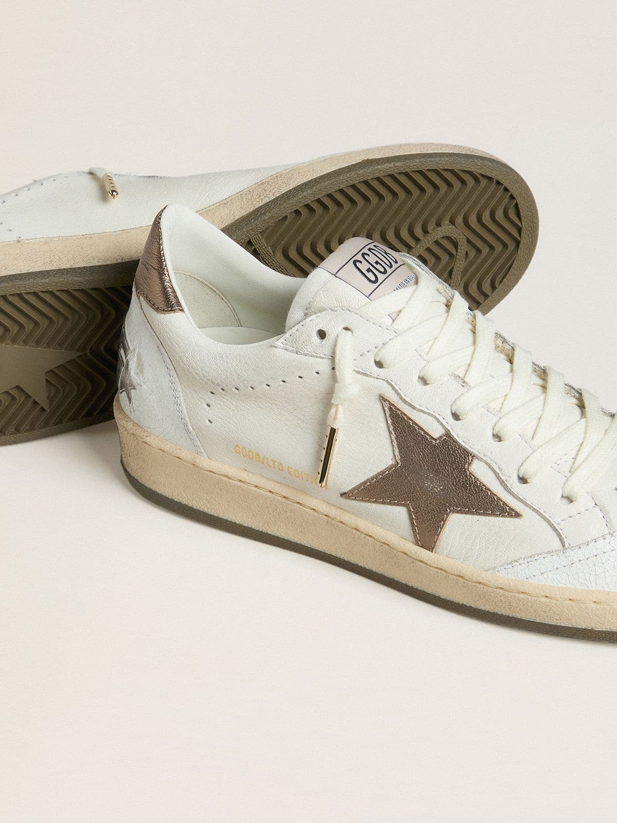 Golden Goose Womens Ball Star Wishes In White Leather With Metallic Bronze Leather Star Womens
