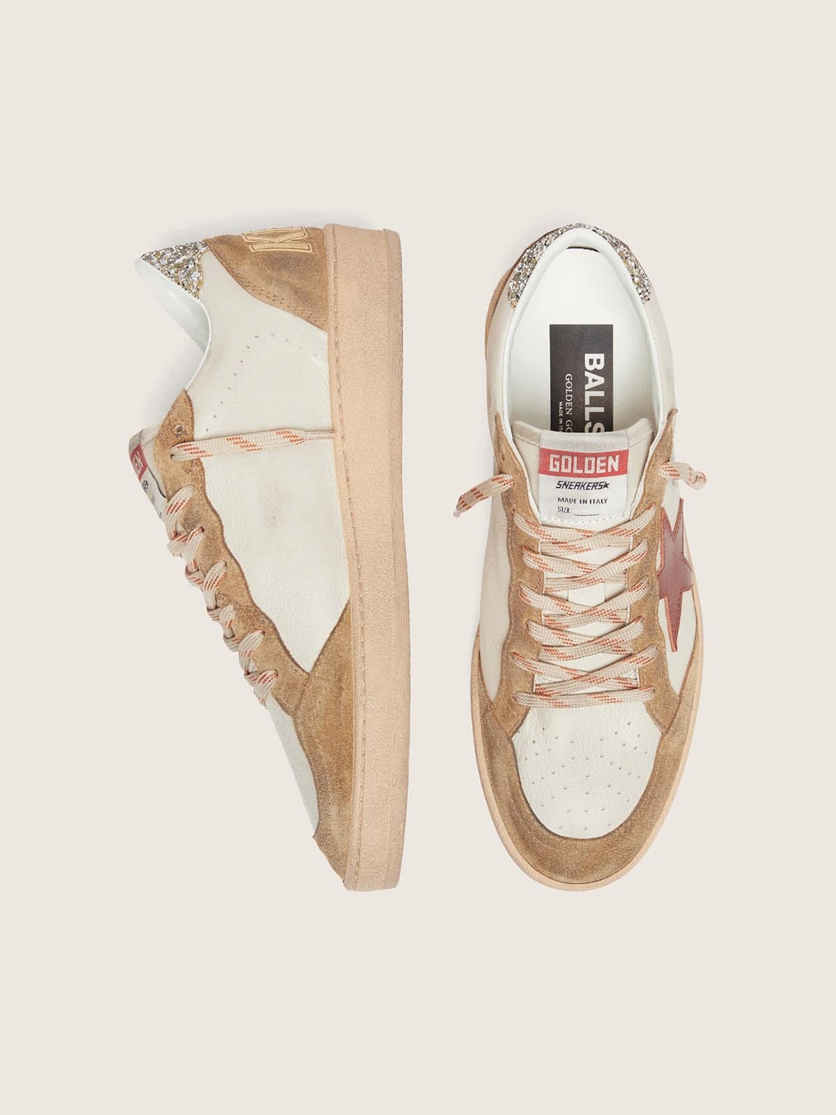 Golden Goose Womens Ball Star In Cream Leather With Brick-Red Leather Star And Suede Inserts Womens
