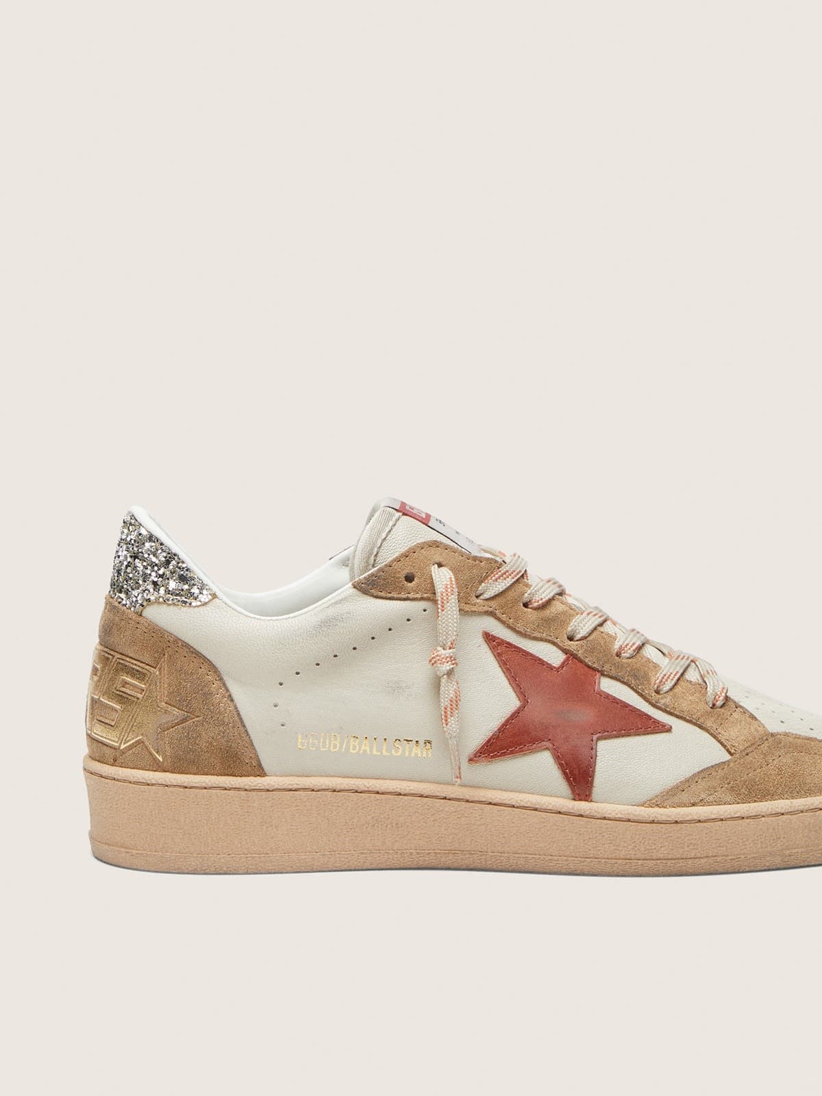 Golden Goose Womens Ball Star In Cream Leather With Brick-Red Leather Star And Suede Inserts Womens