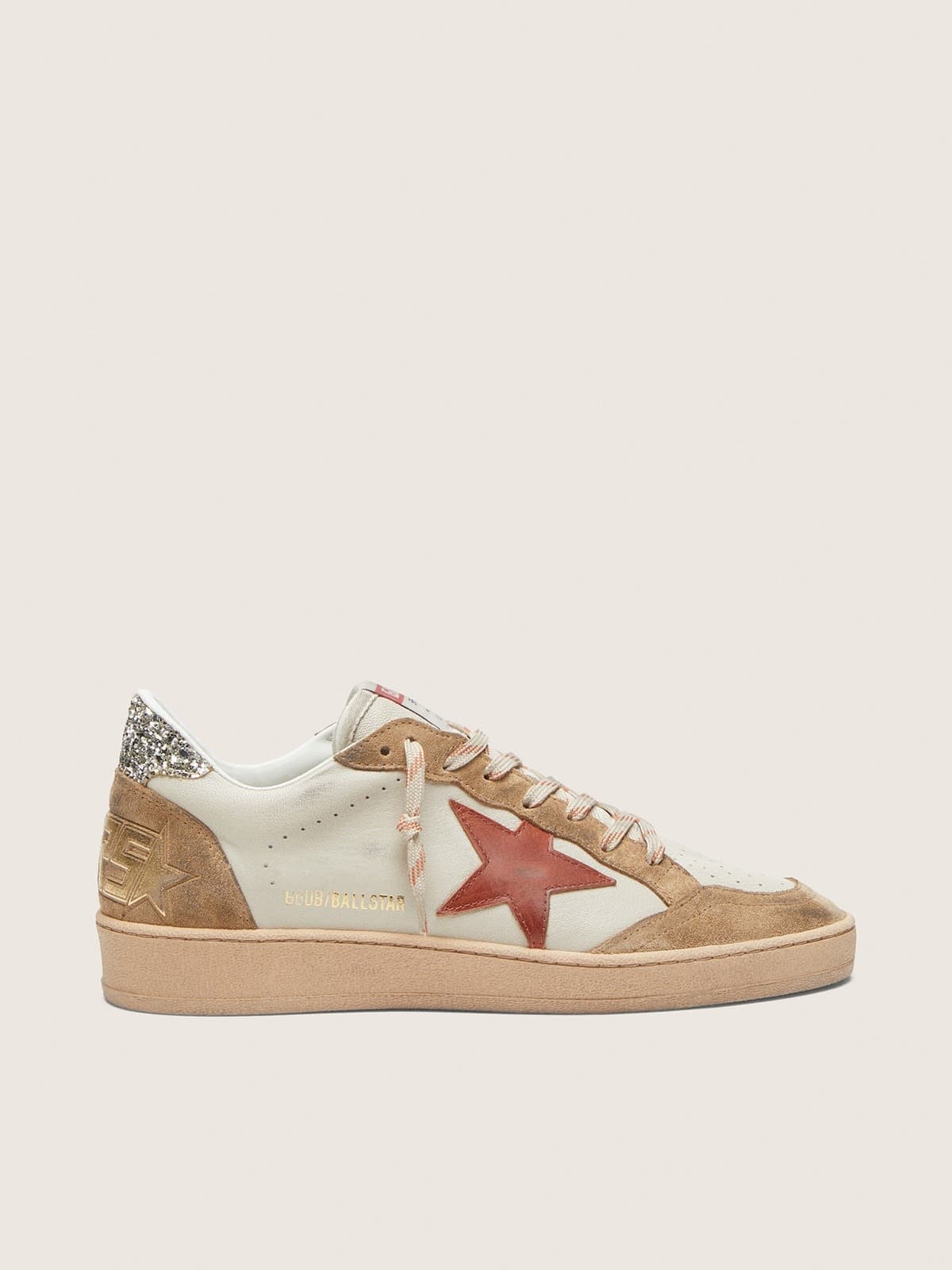 Golden Goose Womens Ball Star In Cream Leather With Brick-Red Leather Star And Suede Inserts Womens