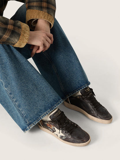 Golden Goose Womens Ball Star Ltd In Ebony Nappa With Multicolor Embroidery And White Star Womens
