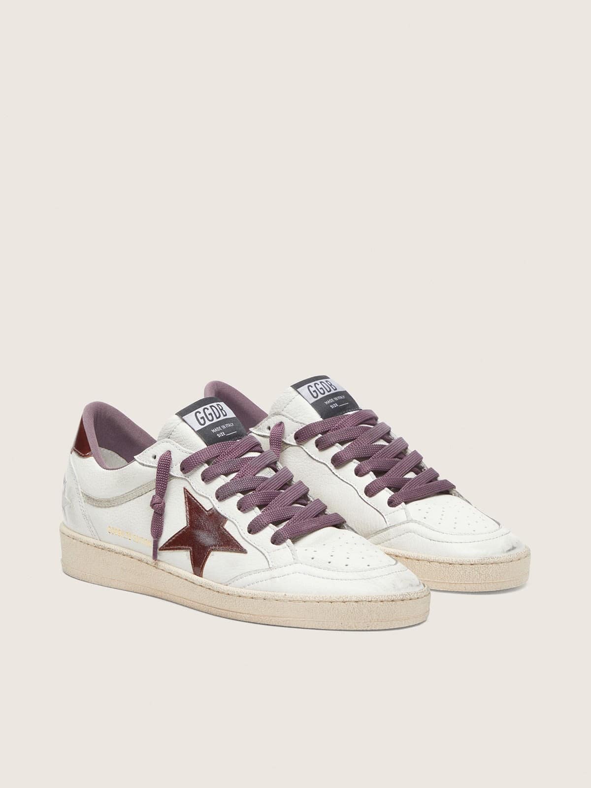 Golden Goose Womens Ball Star Ltd In White Leather With Burgundy Leather Star Womens
