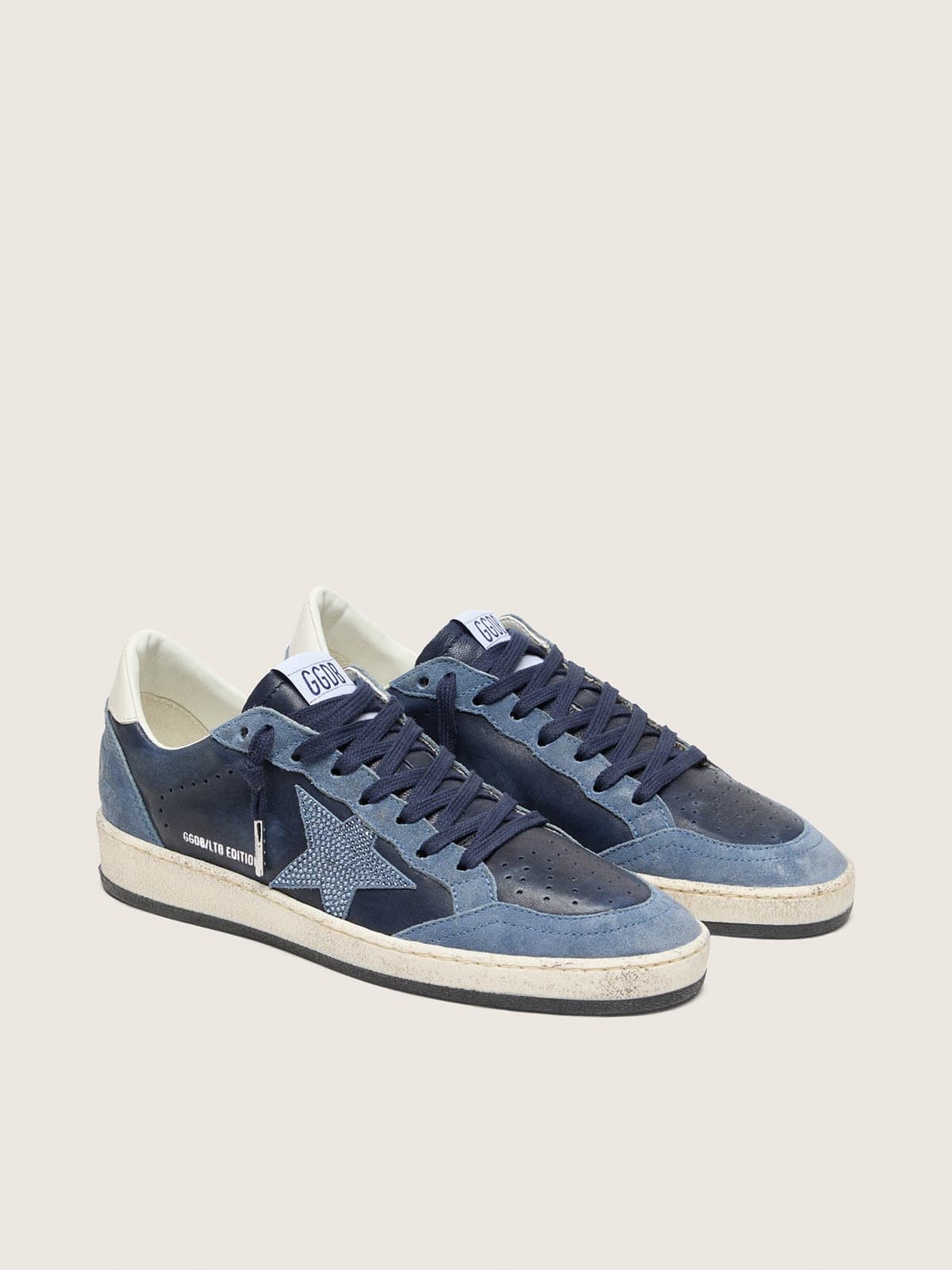 Golden Goose Womens Ball Star Ltd In Dark Blue Leather With Light Blue Swarovski Crystal Star And Suede Inserts Womens