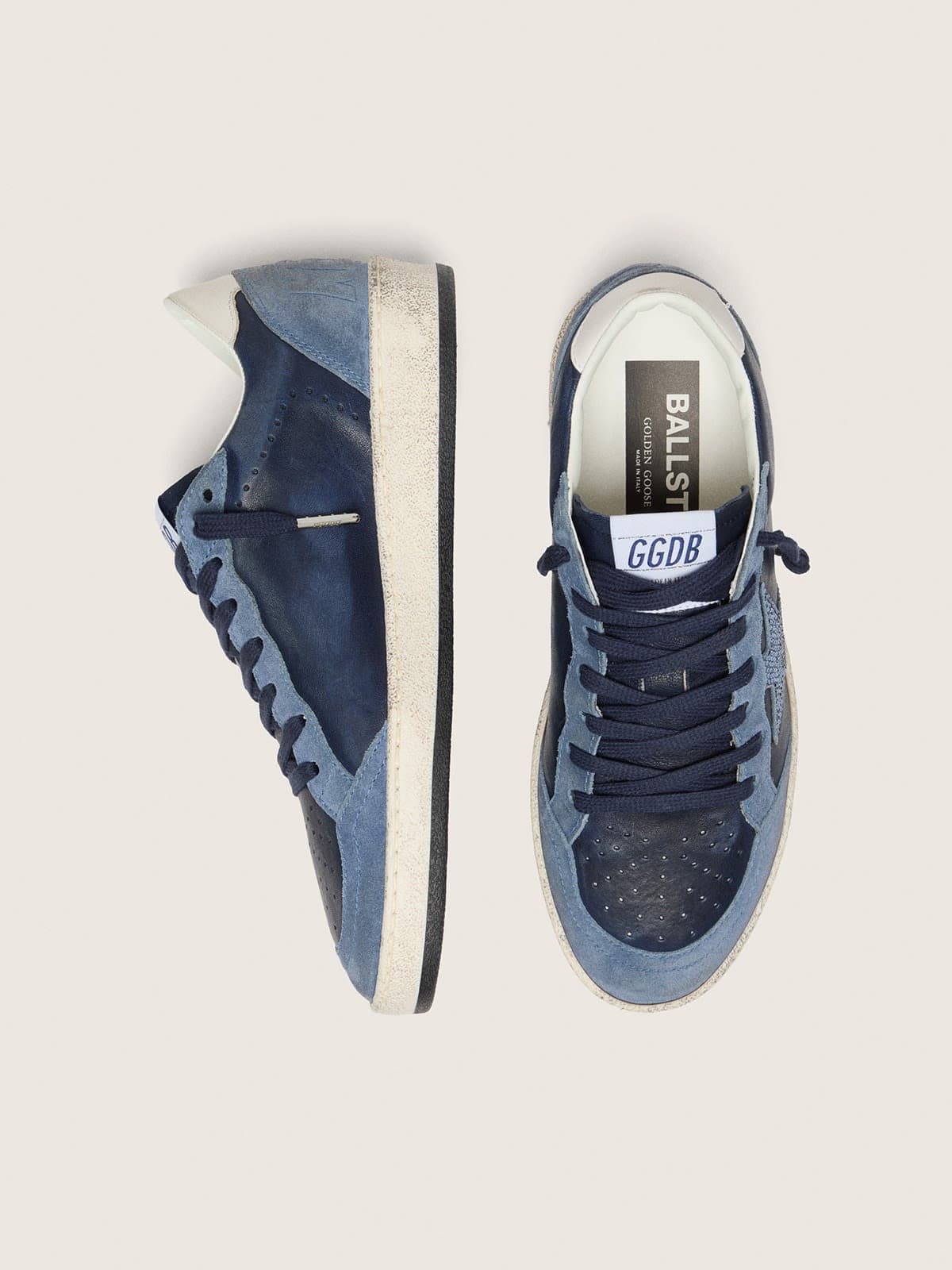 Golden Goose Womens Ball Star Ltd In Dark Blue Leather With Light Blue Swarovski Crystal Star And Suede Inserts Womens