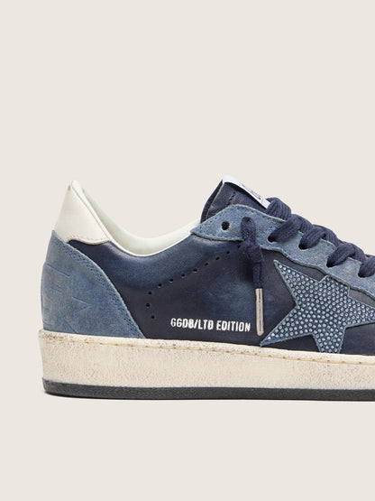 Golden Goose Womens Ball Star Ltd In Dark Blue Leather With Light Blue Swarovski Crystal Star And Suede Inserts Womens