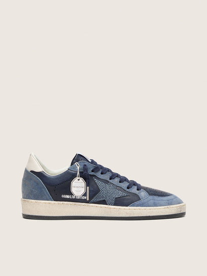 Golden Goose Womens Ball Star Ltd In Dark Blue Leather With Light Blue Swarovski Crystal Star And Suede Inserts Womens