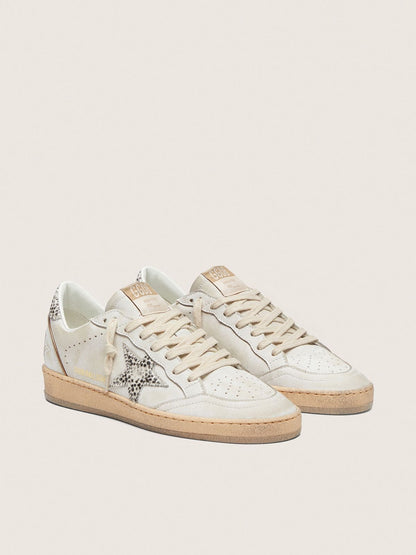 Golden Goose Womens Ball Star In White Leather With Animal-Print Pony Skin Star Womens