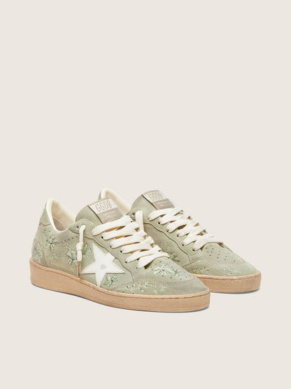Golden Goose Womens Ball Star In Sage-Green Suede With White Leather Star And Tone-On-Tone Swarovski Floral Embroidery Womens