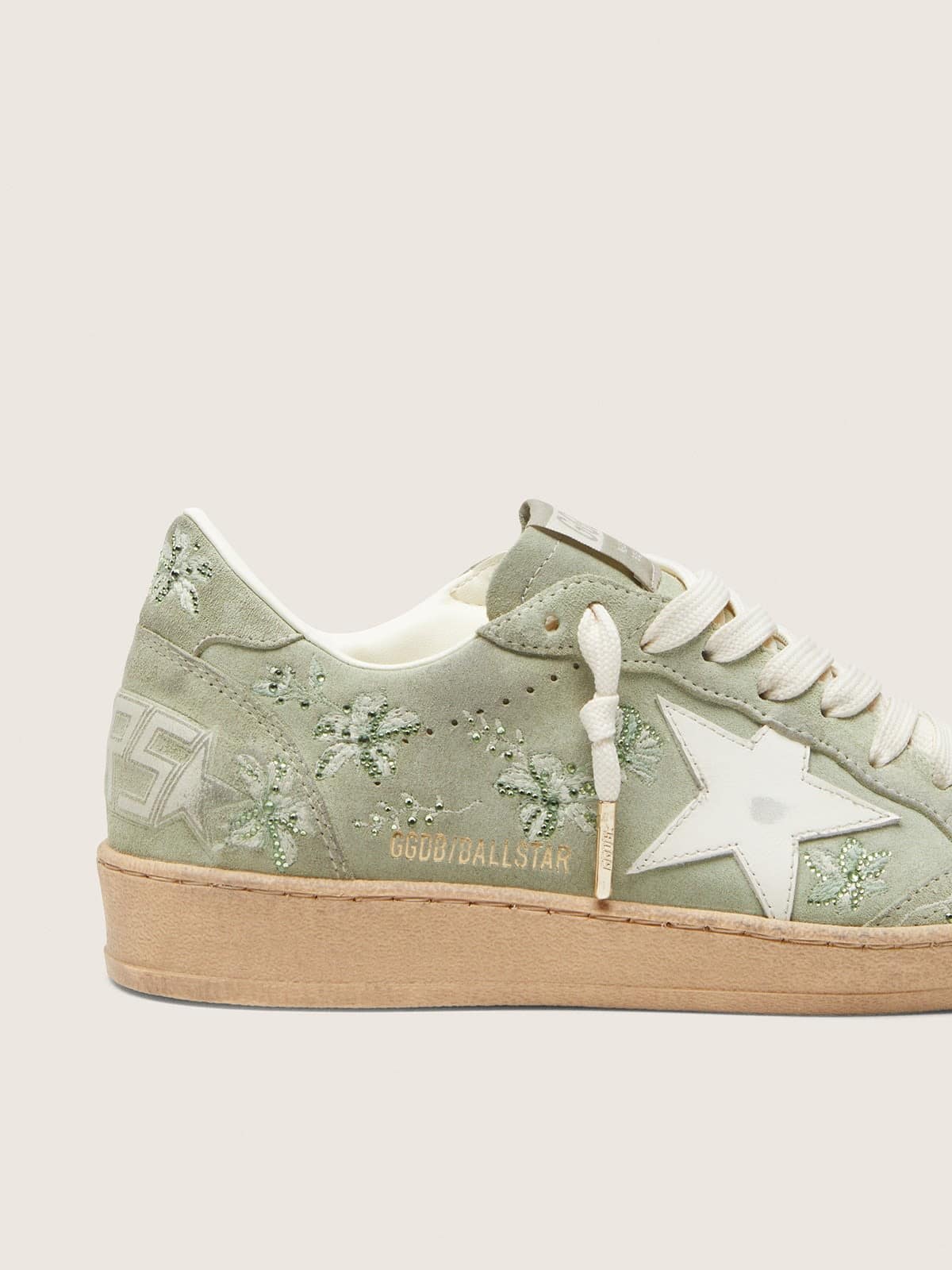 Golden Goose Womens Ball Star In Sage-Green Suede With White Leather Star And Tone-On-Tone Swarovski Floral Embroidery Womens