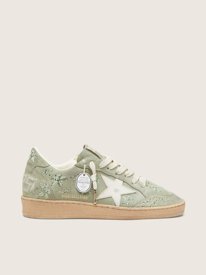 Golden Goose Womens Ball Star In Sage-Green Suede With White Leather Star And Tone-On-Tone Swarovski Floral Embroidery Womens