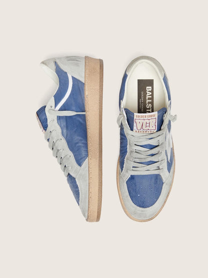 Golden Goose Womens Ball Star In Denim-Blue Nylon With Light Gray Suede Inserts And Metallic Silver Leather Star Womens