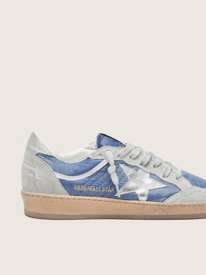 Golden Goose Womens Ball Star In Denim-Blue Nylon With Light Gray Suede Inserts And Metallic Silver Leather Star Womens