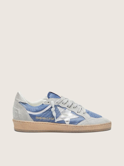 Golden Goose Womens Ball Star In Denim-Blue Nylon With Light Gray Suede Inserts And Metallic Silver Leather Star Womens