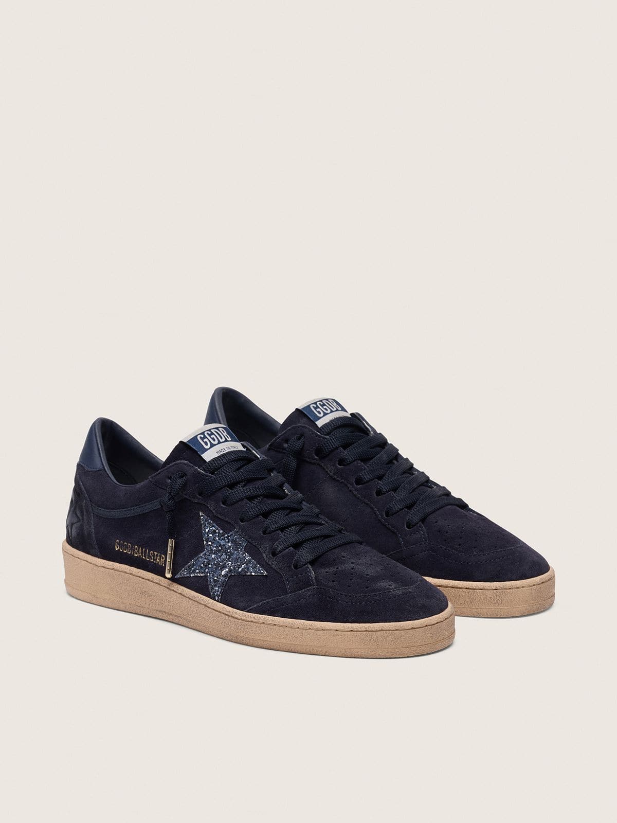 Golden Goose Womens Ball Star In Dark Blue Suede With Dark Blue Glitter Star Womens