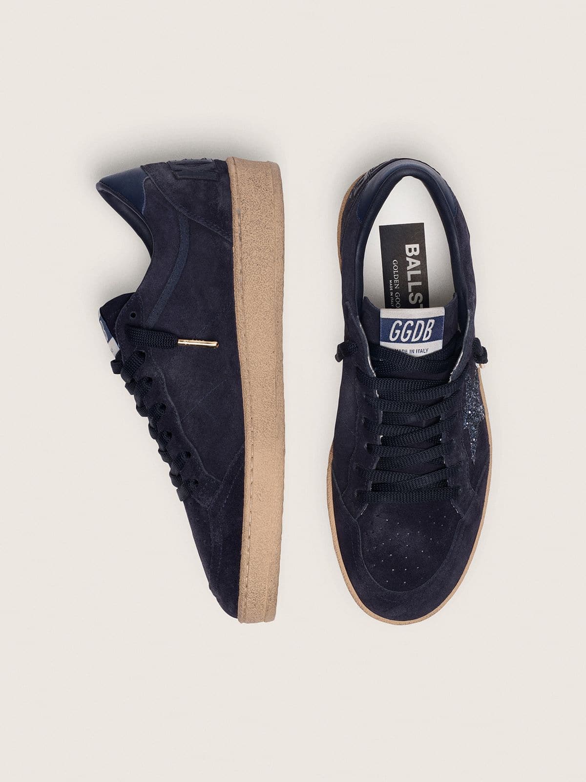 Golden Goose Womens Ball Star In Dark Blue Suede With Dark Blue Glitter Star Womens