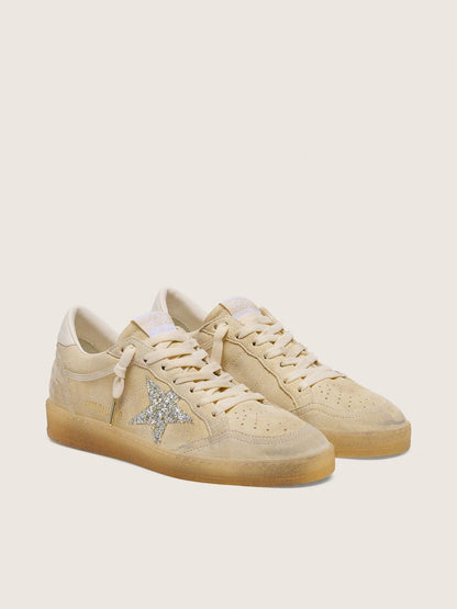 Golden Goose Womens Ball Star In Pearl Suede With Silver Glitter Star Womens