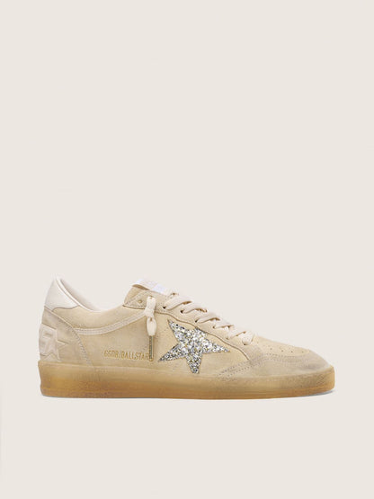Golden Goose Womens Ball Star In Pearl Suede With Silver Glitter Star Womens