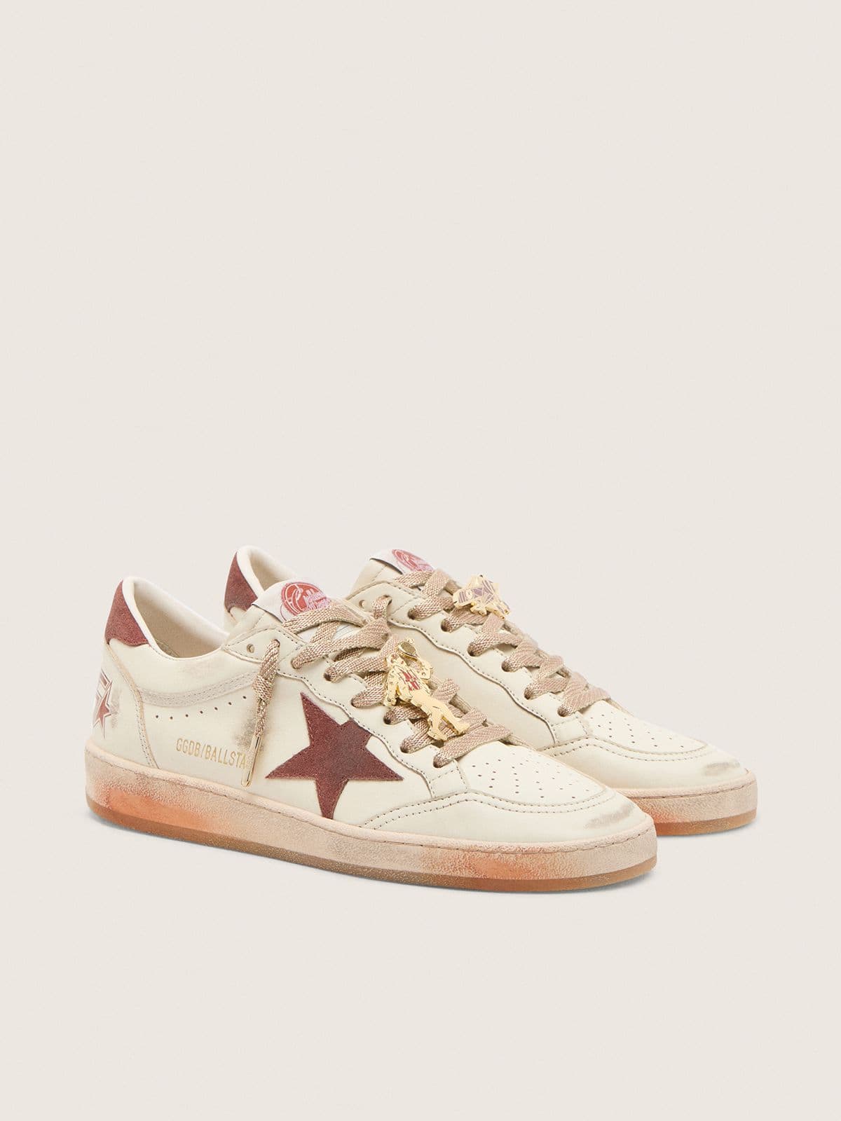 Golden Goose Womens Ball Star In White Leather With Rust Leather Star And Heel Tab Womens