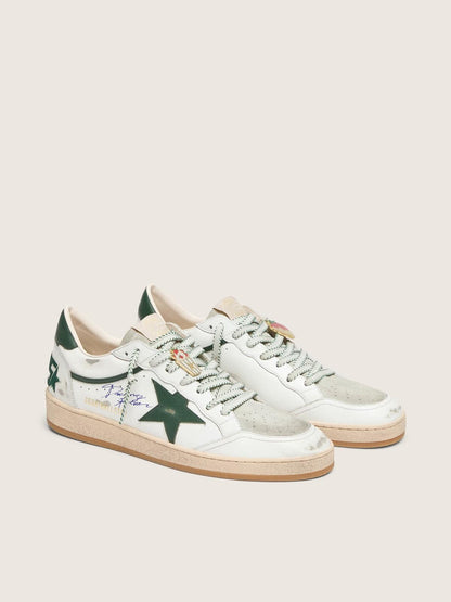Golden Goose Womens Ball Star Ltd In White Leather With Green Star And Skins Womens